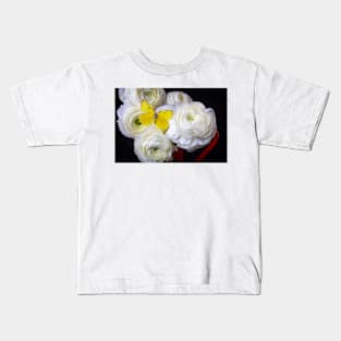 Yellow Butterfly On White Ranunculus Kids T-Shirt